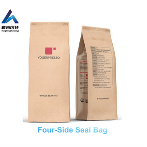 Custom Printed Compostable Kraft Paper Four Side Seal Gusset Cafe Coffee Packaging Bag Zip Packing Pouch With Plastic Valve